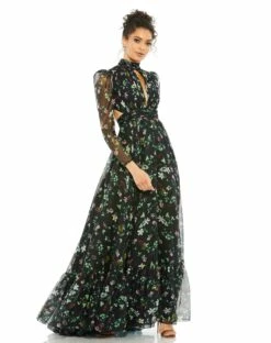 Floral High Neck Puff Sleeve Gown
