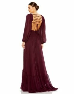 Pleated Cut Out Long Sleeve Lace Up Tiered Gown -Women's Skirt 67948 Plum BK