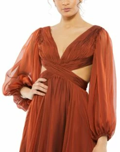 Pleated Cut Out Long Sleeve Lace Up Tiered Gown -Women's Skirt 67948 COP 3 WS
