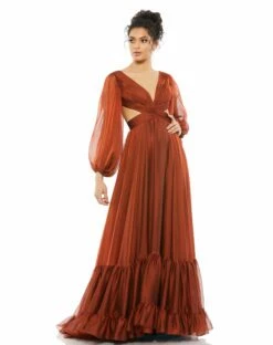 Pleated Cut Out Long Sleeve Lace Up Tiered Gown -Women's Skirt 67948 COP Default 1 WS