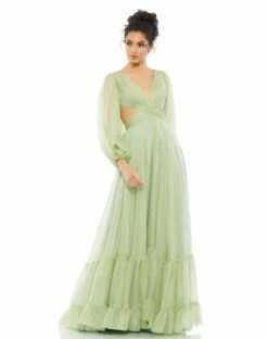 Pleated Cut Out Long Sleeve Lace Up Tiered Gown