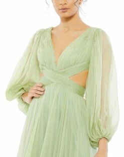 Pleated Cut Out Long Sleeve Lace Up Tiered Gown -Women's Skirt 67948 SAG 3 WS