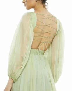 Pleated Cut Out Long Sleeve Lace Up Tiered Gown -Women's Skirt 67948 SAG 3 WS2