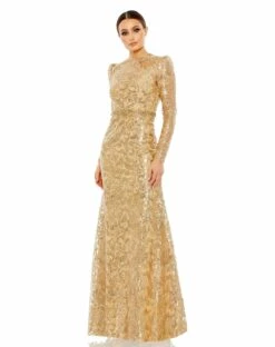 Embellished High Neck Long Sleeve Gown 11 Embellished High Neck Long Sleeve Gown -Women's Skirt 68011 Gold AB