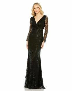Embellished Wrap Over Long Sleeve Gown -Women's Skirt 68016 Black AB