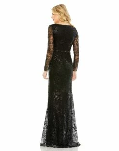 Embellished Wrap Over Long Sleeve Gown -Women's Skirt 68016 Black BK