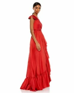 Bow One Shoulder Ruffle Asymmetrical Hem Gown -Women's Skirt 68027 Red AS