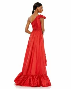 Bow One Shoulder Ruffle Asymmetrical Hem Gown -Women's Skirt 68027 Red BK