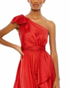 Bow One Shoulder Ruffle Asymmetrical Hem Gown -Women's Skirt 68027 Red CL