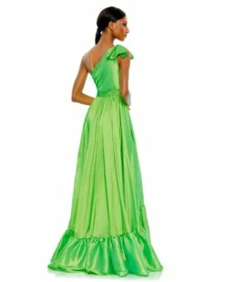 Bow One Shoulder Ruffle Asymmetrical Hem Gown -Women's Skirt 68027 SpringGreen BK