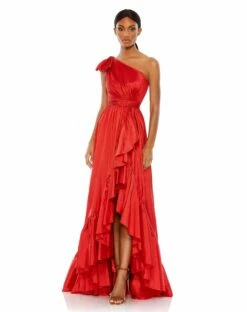 Bow One Shoulder Ruffle Asymmetrical Hem Gown -Women's Skirt 68027 RED Default 1 WS