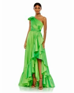 Bow One Shoulder Ruffle Asymmetrical Hem Gown