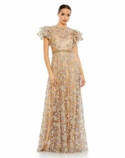 Embellished Butterfly Sleeve Cut Out Gown