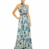 Floral Halter A Line Gown W/ Cutouts And Embellished Belt -Women's Skirt 68089 PastelMulti AB