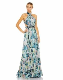 Floral Halter A Line Gown W/ Cutouts And Embellished Belt