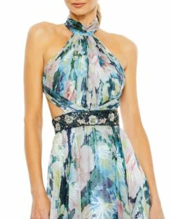 Floral Halter A Line Gown W/ Cutouts And Embellished Belt -Women's Skirt 68089 PastelMulti CL