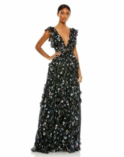 Ruffled Floral Print Cap Sleeve Gown 14 Ruffled Floral Print Cap Sleeve Gown -Women's Skirt 68090 BlackMulti AB