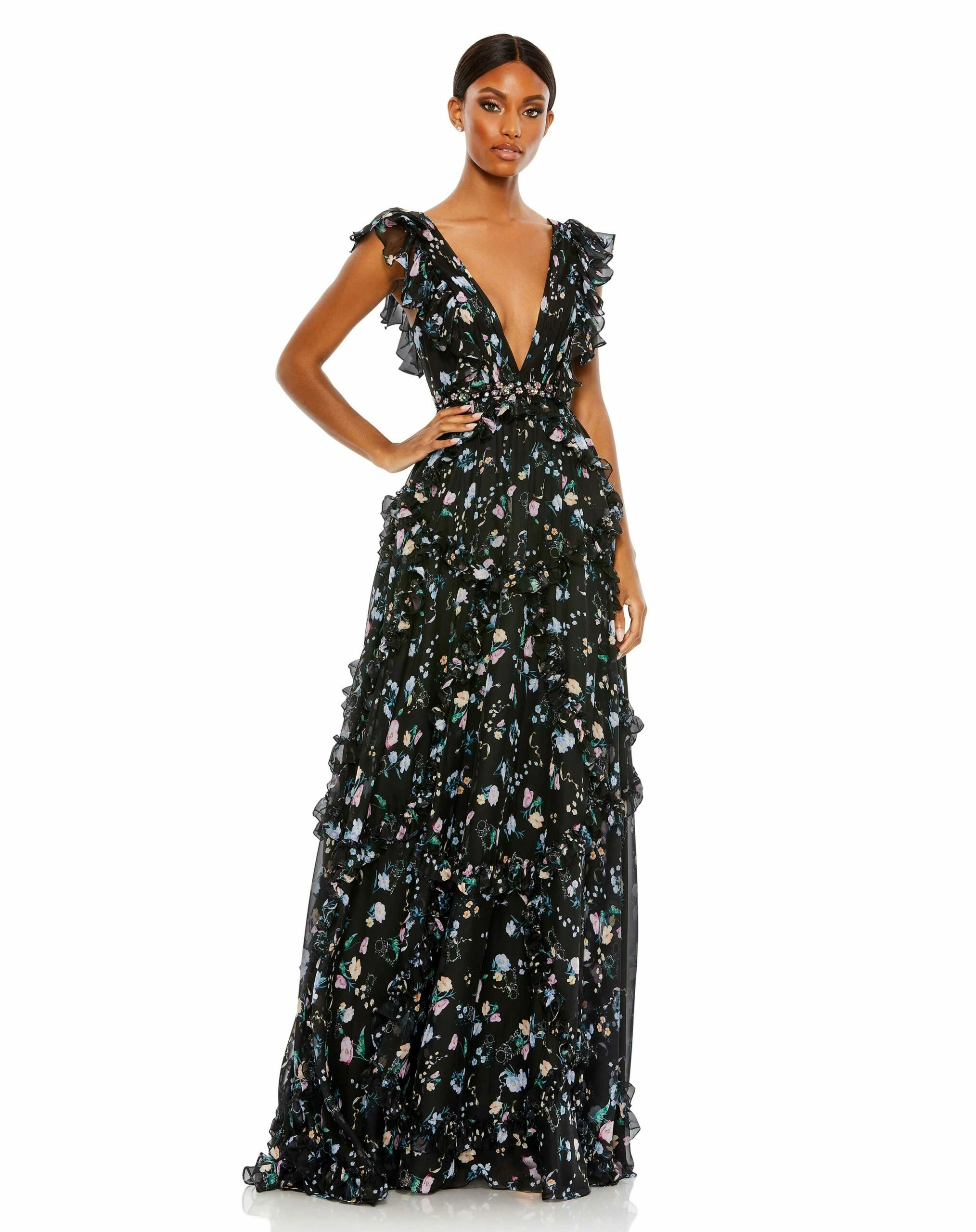Ruffled Floral Print Cap Sleeve Gown 7 Ruffled Floral Print Cap Sleeve Gown - Image 5