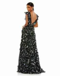 Ruffled Floral Print Cap Sleeve Gown 16 Ruffled Floral Print Cap Sleeve Gown -Women's Skirt 68090 BlackMulti BK