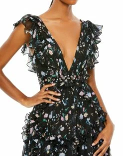 Ruffled Floral Print Cap Sleeve Gown 17 Ruffled Floral Print Cap Sleeve Gown -Women's Skirt 68090 BlackMulti CL