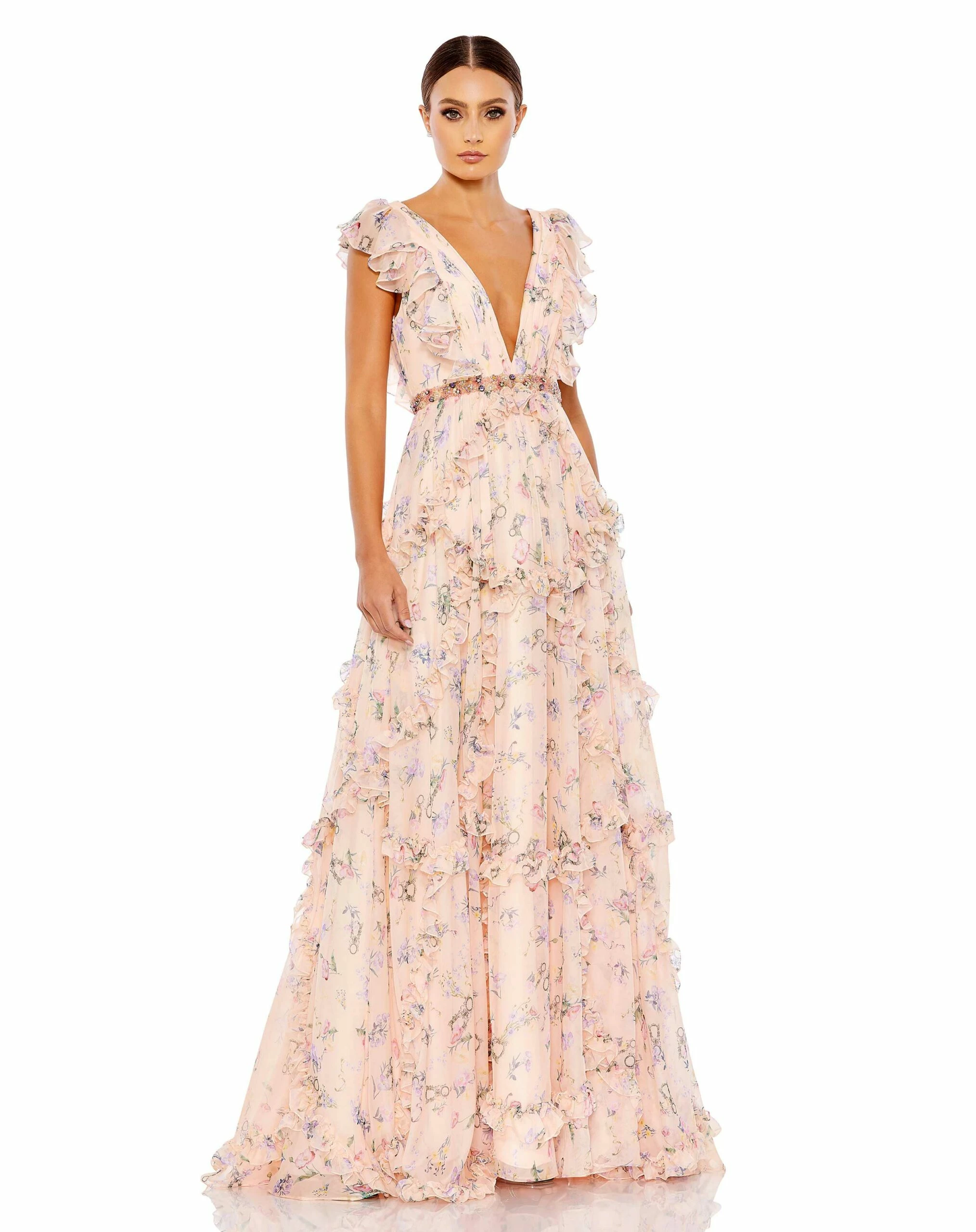 Ruffled Floral Print Cap Sleeve Gown 3 Ruffled Floral Print Cap Sleeve Gown