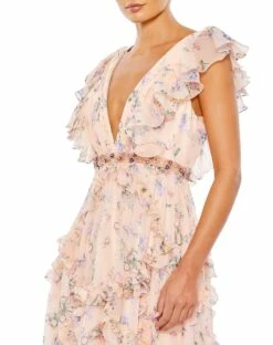 Ruffled Floral Print Cap Sleeve Gown 13 Ruffled Floral Print Cap Sleeve Gown -Women's Skirt 68090 PinkMulti CL