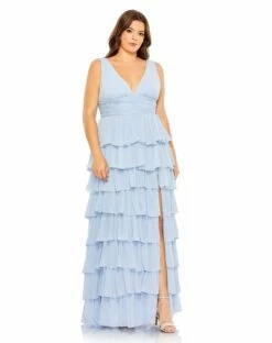 Ruffle Tiered Sleeveless V Neck Gown (Plus)