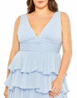 Ruffle Tiered Sleeveless V Neck Gown (Plus) -Women's Skirt 68119 PowderBlue CL