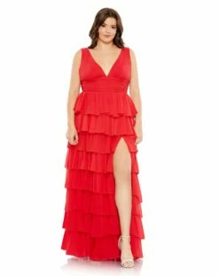 Ruffle Tiered Sleeveless V Neck Gown (Plus) -Women's Skirt 68119 Red AB