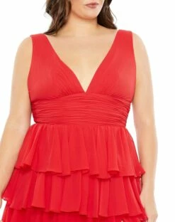 Ruffle Tiered Sleeveless V Neck Gown (Plus) -Women's Skirt 68119 Red CL