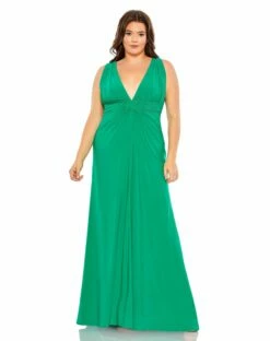 Draped V Neck Sleeveless A Line Gown