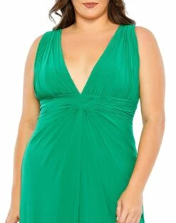 Draped V Neck Sleeveless A Line Gown -Women's Skirt 68128 Jade CL