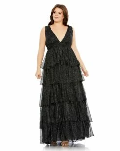 Ruffle Tiered Sleeveless V Neck Gown