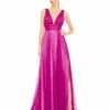 Draped Sleeveless V Neck Flowy Gown -Women's Skirt 68134 Fuchsia AB