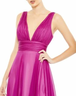 Draped Sleeveless V Neck Flowy Gown -Women's Skirt 68134 Fuchsia CL