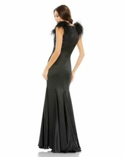 Feather Shoulder V Neck Column Gown 14 Feather Shoulder V Neck Column Gown -Women's Skirt 68137 Black BK