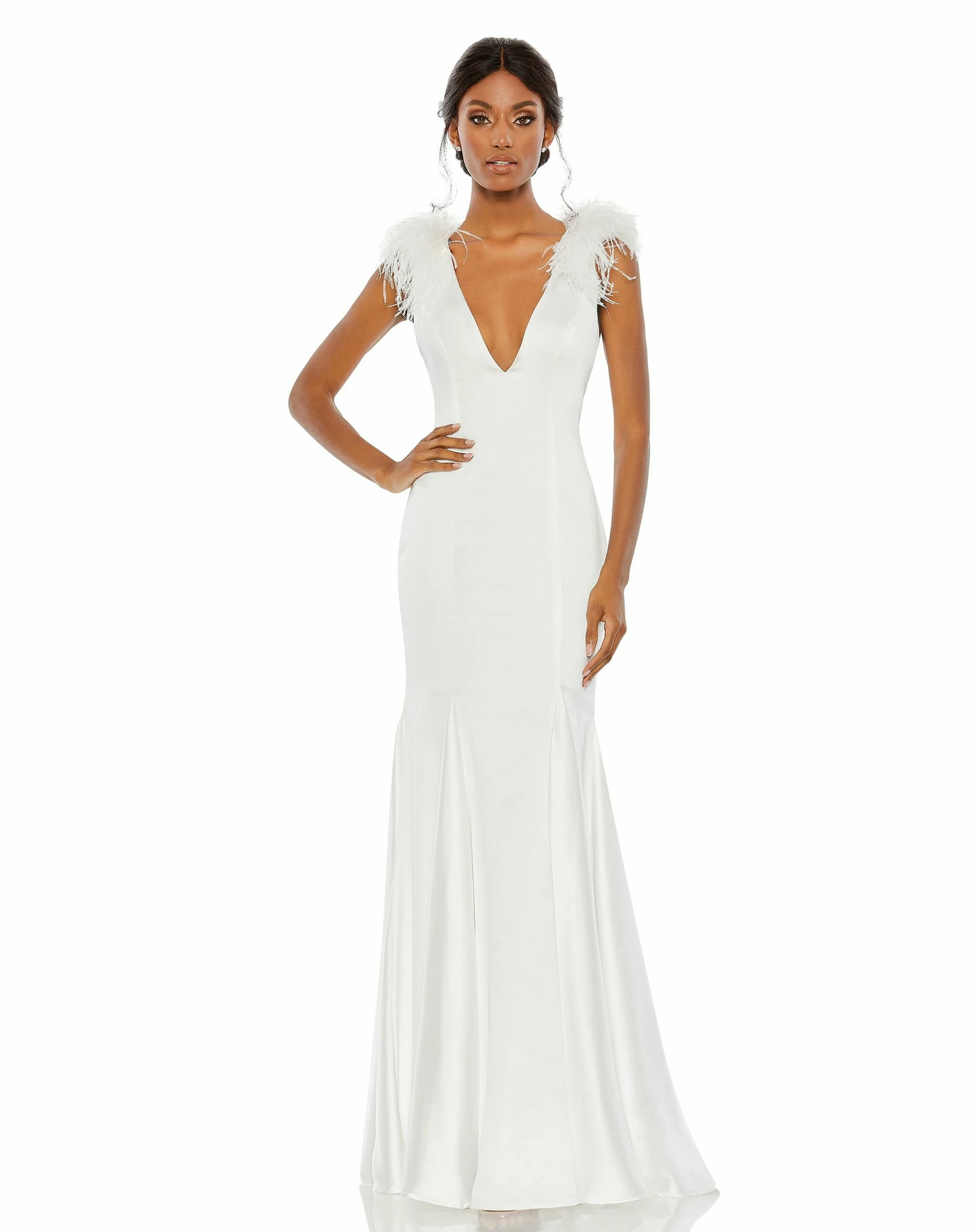Feather Shoulder V Neck Column Gown 3 Feather Shoulder V Neck Column Gown