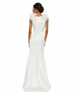 Feather Shoulder V Neck Column Gown 11 Feather Shoulder V Neck Column Gown -Women's Skirt 68137 White BK