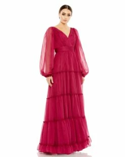 Ruffle Tiered Puff Sleeve A Line Gown