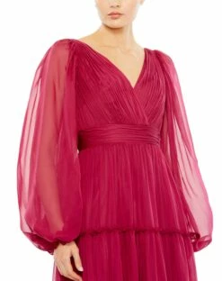 Ruffle Tiered Puff Sleeve A Line Gown -Women's Skirt 68198 Berry CL