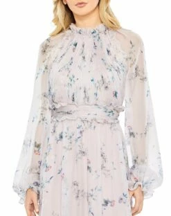 Floral Print Ruched Raglan Sleeve Tiered Gown 7 Floral Print Ruched Raglan Sleeve Tiered Gown -Women's Skirt 68199 LilacMulti CL