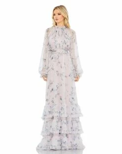 Floral Print Ruched Raglan Sleeve Tiered Gown