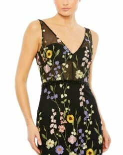 Embroidered Tulle Sleeveless V Neck A Line Gown -Women's Skirt 68200 BlackMulti CL