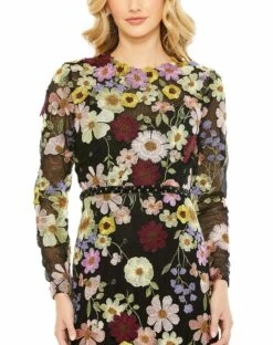 Embroidered Applique High Neck Long Sleeve Trumpet Gown -Women's Skirt 68201 BlackMulti CL