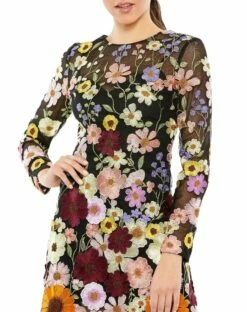 Floral Embroidered Long Sleeve Mini Dress 7 Floral Embroidered Long Sleeve Mini Dress -Women's Skirt 68202 BlackMulti CL