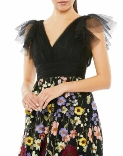 Embroidered Ruched Flutter Sleeve A Line Dress -Women's Skirt 68204 BlackMulti CL