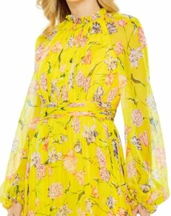 Floral Print Chiffon Ruched Raglan Sleeve Gown -Women's Skirt 68218 YellowMulti CL