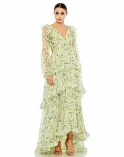 Floral Chiffon Tiered Ruffle Puff Sleeve Gown