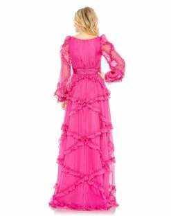 Cascading Ruffle Puff Sleeve A Line Gown -Women's Skirt 68223 Fuchsia BK