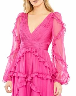 Cascading Ruffle Puff Sleeve A Line Gown -Women's Skirt 68223 Fuchsia CL 1